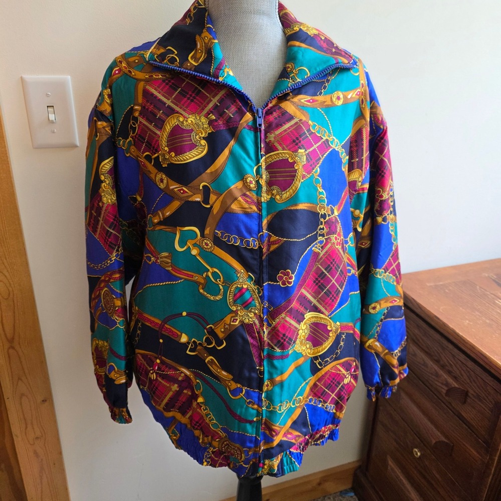 Silk Bomber Jacket M Equestrian Heritage Old Money Chain Print 90s Streetwear